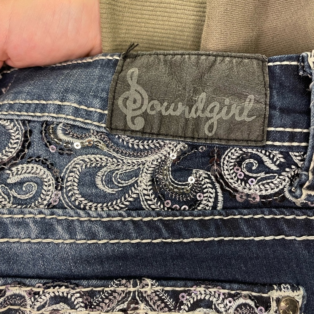 Soundgirl Vintage Y2K Dark Blue Boot Cut Jeans with Embroidered Sequin Pockets - Picture 9 of 13